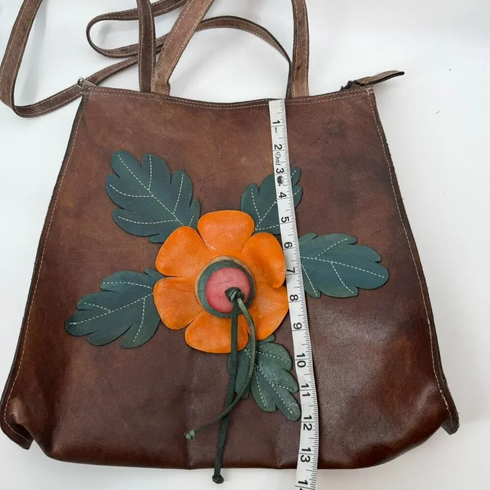 Vintage Handmade Tooled Leather Flower Tote Bag Boho Hippie Artisan Brown